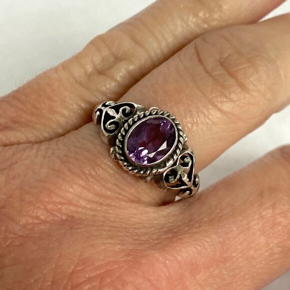 Oxidized Sterling Silver 925 Oval Amethyst Scrollwork Openwork Ring Size 6.75 - Picture 4 of 16